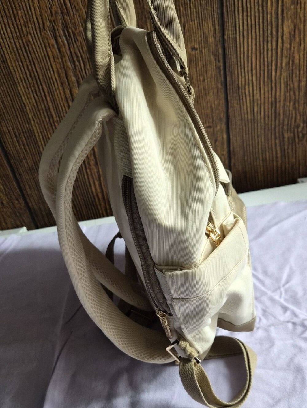 Cream and Khaki Backpack with Gold Hardware Mini - Picture 5 of 7